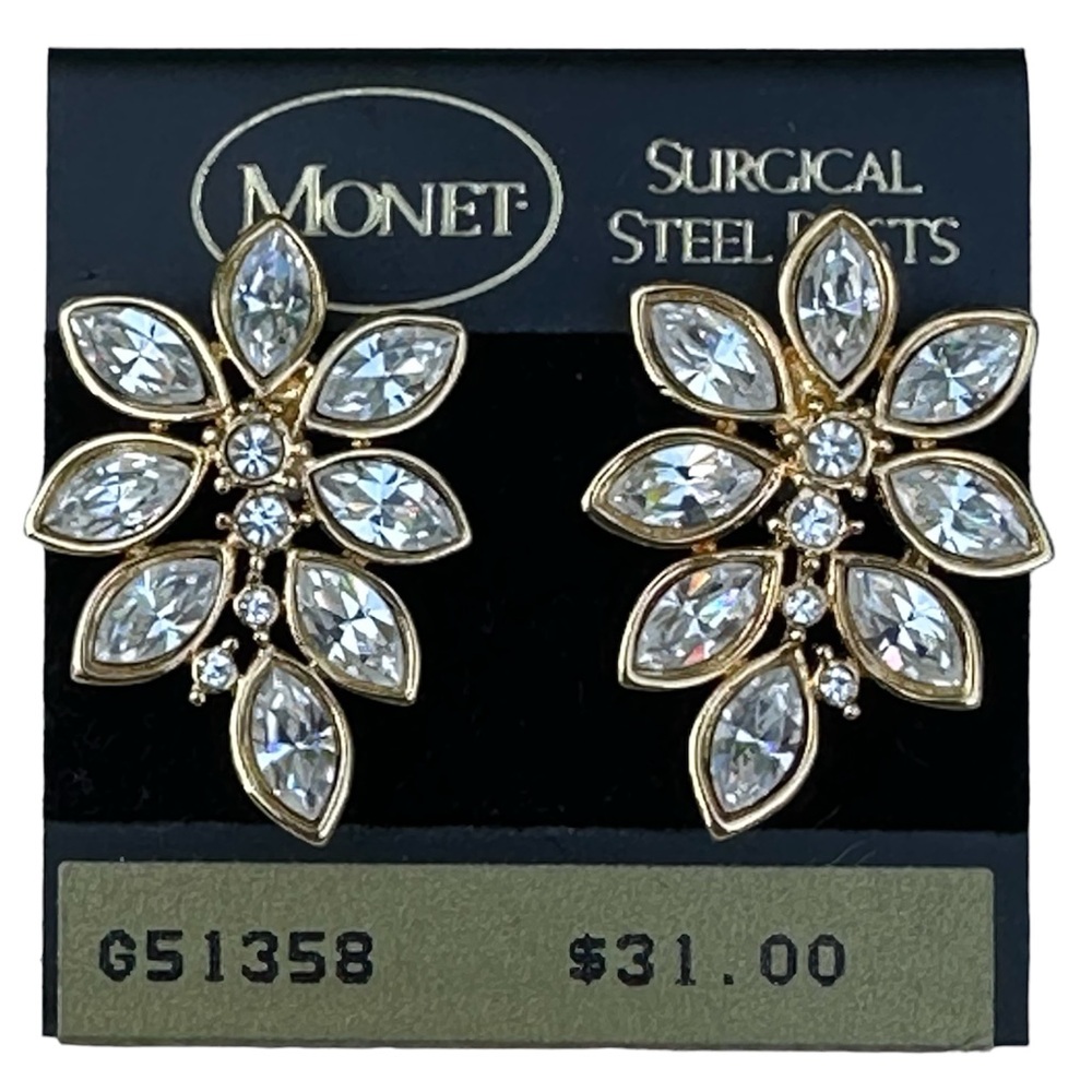 Vtg Monet Gold tone Rhinestone Earrings Surgical Steel Post Wedding Event Bling
